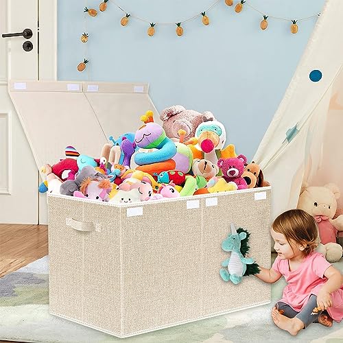 Large Toy Box Chest Storage with Lid - Collapsible Kids Toys Boxes Organizer Bins Baskets with Handles for Boys, Girls, Nursery, Playroom, Clothes, Blanket, Bedroom(Beige) - color: Beige
