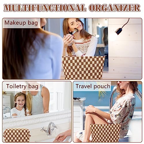ZLFSRQ 2Pcs Checkered Makeup Bag for Women Large Small Checkered Cosmetic Bag Set Aesthetic Preppy Pencil Case Cute Pencil Pouch Brown Makeup Pouch for Purse Travel Toiletry Bags Zipper Skincare Bags - color: B-Checkered 2Pcs Mix Brown
