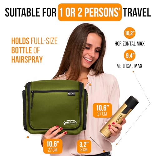 Travel Toiletry Bag for Men and Women - (10.6”x10.6”x3.2”) Large Hanging Toiletry Organizer - Waterproof Hygiene Bag with Metal XXL Swivel Hook, with Sturdy Zippers and 19 Compartments for Toiletries - color: L Forest Green