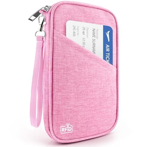 Passport Holder Family RFID Travel Document Organizer for Women Waterproof Passport Wallet Men Portable Case for Cards, Boarding Pass, ID, Money, Tickets with Zipper - color: A-Family-Light Pink