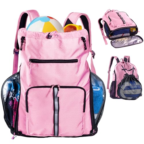 Large Beach Backpack Waterproof Sandproof - Customized Oversized Drawstring Pool Bag with Shoe Compartment for Toiletries, Towels, Gym, Travel - color: Light Pink