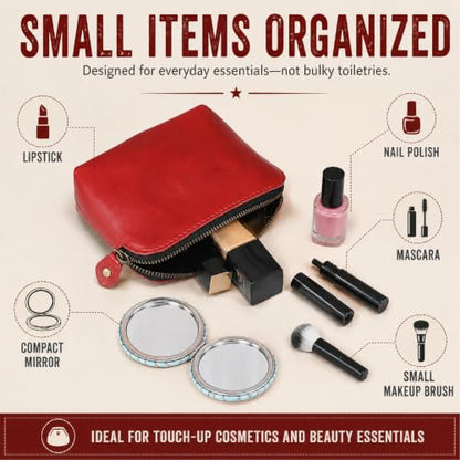 Full Grain Leather Cosmetic Bag – Zippered Makeup Pouch for Women, Small Travel Toiletry & Organizer Pouch for Purse, Premium Handmade Leather (5 × 4 × 2.5 in) - color: Red