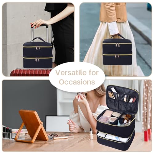Double Layer Makeup Bag Portable Large Cosmetic Case Organizer with Adjustable Dividers Storage Travel Bag for Accessories Brushes Conditioner and Skin Care Products (Black)
