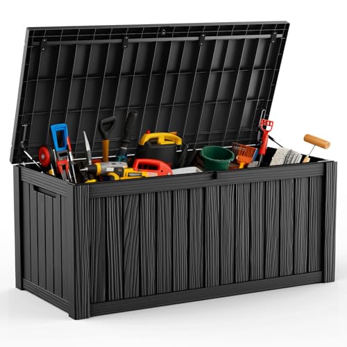 DRATO 120 Gallon Large Deck Box, Outdoor Storage Box for Patio Furniture, Patio Cushions, Gardening Tools, Pool Supplies, 660lbs Weight Capacity, Waterproof Resin Storage Boxes (Black, 120 Gallon) - color: Black, size: 120 Gallon