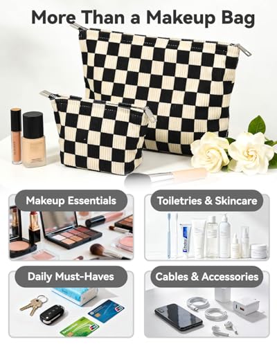 2 Pcs Checkered Makeup Bag Set Corduroy Cosmetic Pouch for Women Large & Small Cute Preppy Aesthetic Black And White Travel Toiletry Pouch Organizer for Purse Skincare Brushes - style: Checkered Black Corduroy