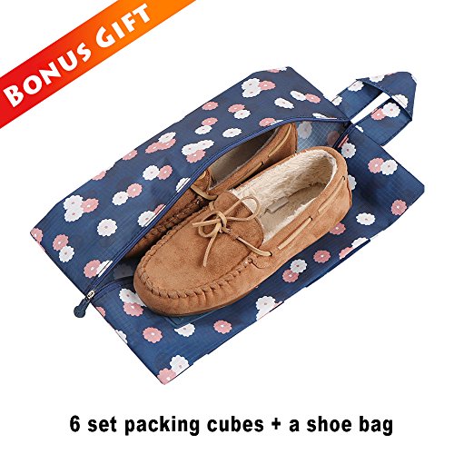 Mossio 7 Set Packing Cubes with Shoe Bag - Travel Carry On Luggage Organizer - color: Navy Daisy