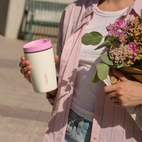 Owala SmoothSip Slider Insulated Stainless Steel Coffee Tumbler, Reusable Iced Coffee Cup, Hot Coffee Travel Mug, BPA Free 12 oz, Pink/Tan (Daybreak) (Pack of 8) - color: Daybreak, size: 12 Ounces (Pack of 8)
