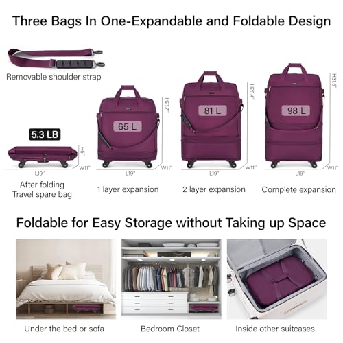 Hanke Suitcases with Wheels Expandable Foldable Luggage Bag Suitcase Collapsible Rolling Travel Bag Duffel Bag for Men Women Lightweight Suitcases without Telescoping Handle, Purple - color: Purple Upgrade Version