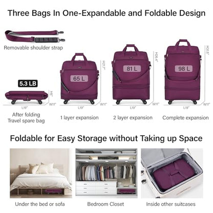 Hanke Suitcases with Wheels Expandable Foldable Luggage Bag Suitcase Collapsible Rolling Travel Bag Duffel Bag for Men Women Lightweight Suitcases without Telescoping Handle, Purple - color: Purple Upgrade Version