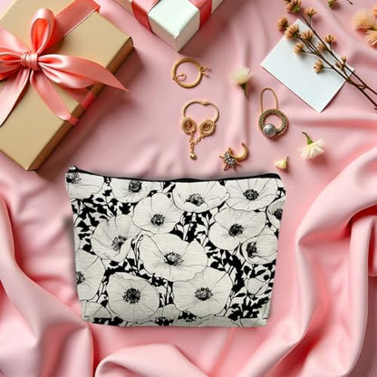 Black and White Poppy Floral Makeup Cosmetic Bag for Women, Modern Botanical Flower Aesthetic Portable Travel Toiletry Bag Zipper Makeup Pouch - color: Flower three
