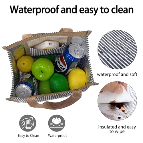 Insulated Lunch Bag for Work, 10.2"x5.9"x10.2" Oxford Waterproof Striped Canvas Tote Bag - color: Black White