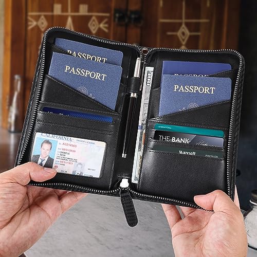 Polare Full Grain Leather Passport Holder Cover Case for Men and Women RFID Blocking Family Travel Wallet Holds 6 Passports - color: Carbon Black