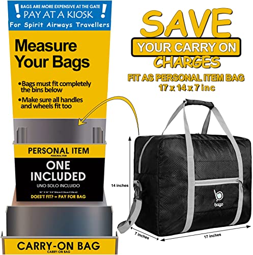 Bago Personal Item Travel Bag For Airlines - Fits As 18x14x8 inches Travel Bag Spirit & Frontier Airlines - Foldable Duffle Bag For Travel - Personal Item Bag Small Carry On Bag For Air Travel - color: Black
