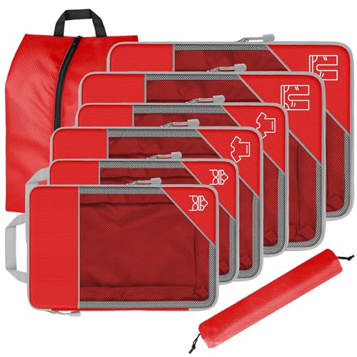 8 Set Compression Packing Cubes for Travel, Expandable Luggage Organizer with Shoe Bag & Laundry Bag - Lightweight Suitcase & Backpack Travel Essentials (Red) - color: Red