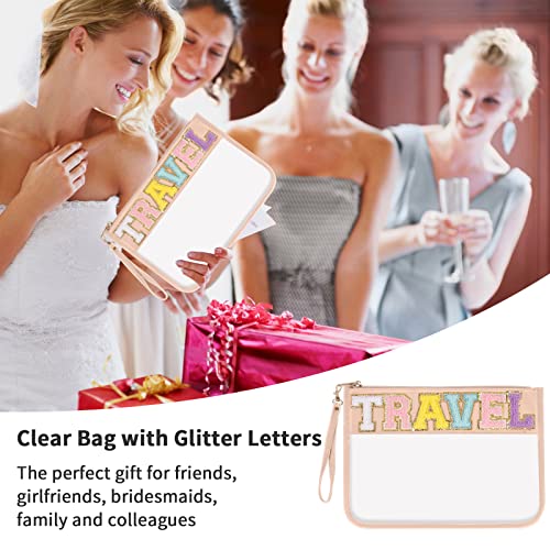 Iqimott Chenille Letter Clear Bag Travel Pouch, Monogram PVC & PU Makeup Cosmetic Bag Zipper Toiletry Pouch, Waterproof Portable Beach Snack Wristlet Bags for Women Girls(Travel, Pink) - color: Travel-NewPink