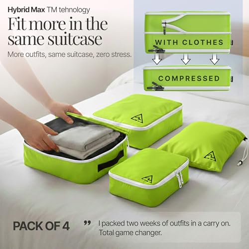 4-Piece Luxury Compression Packing Cubes & Bags for Travel – Maximize Space in Luggage with HybridMax Double-Capacity Design, 50 Luggage Tags, Patented Suitcase Organizer Bags, Lifetime Satisfaction - color: Green, size: 4-piece
