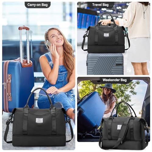 Travel Duffel Bag with Shoes Compartment, Overnight Weekender Bags for Women,Carry on Personal Item Bag - color: A-Black, size: Large