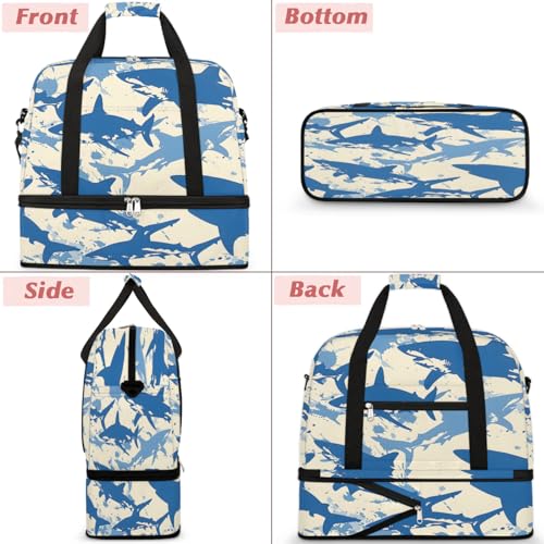 Travel Duffel Bag Shark Themed Weekender Bag with Shoe Compartment Foldable Overnight Bags for Travel Sports Lightweight Gym Bags for Men Women - color: Shark Themed