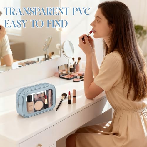 Abbylike 4 Pcs Blue Clear Makeup Bag PU Leather Tsa Approved Toiletry Bag with Zipper Transparent Waterproof Portable Cosmetic Bags Travel Car Clear Organizer Bags for Women Girls Mother's Day - color: Blue