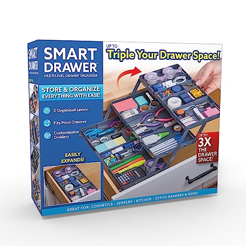 Ontel Smart Drawer Organizer - Multi-level Jewelry Holder, Cosmetics Organizer, or Office Drawer Organizer with Adjustable Dividers for Organization and Storage, Fits Drawers 9.5"W x 7.5"L x 2.75"D - style: Smart Drawer