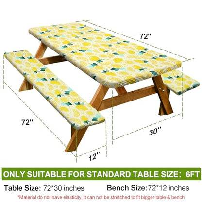 Picnic Table Cover with Bench Covers 6FT 3 Pcs Waterproof Windproof Aesthetic Camping Tablecloth with Drawstring Bag, Fitted for 6 Foot Rectangle Tables and Seats, 72 inch, Yellow Lemon - color: Yellow Lemon