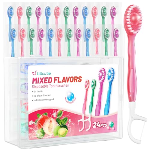 24 Pack 5-in-1 Disposable Toothbrushes with Toothpaste, Floss, Pick & Tongue Scraper, Portable Mini Toothbrush Travel Set for Kids Adults, Individually Wrapped, Work Camping, Mixed Flavor - color: Mixed Flavor, size: 1 Count (Pack of 24)