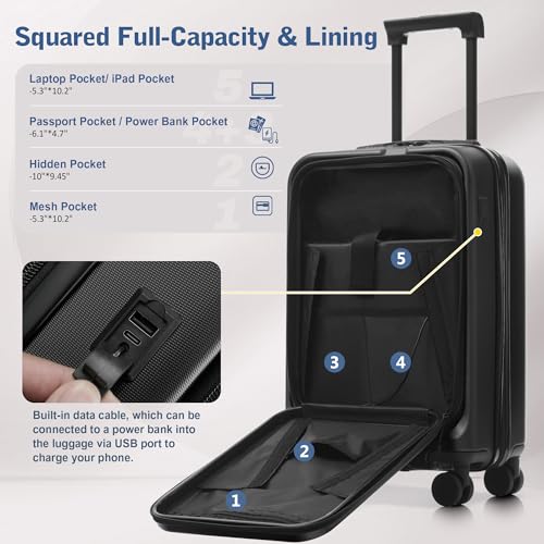 Merax Luggage Sets 5 Piece Front Open, Hardside 20" Carry On Suitcase Set with USB Port,Lightweight Expandable Travel 24" 28" Luggage with Bags TSA Locks Double Spinner Wheels,Black - color: Black-1, size: 3 piece(20front open+24+28+bags)