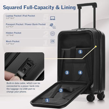 Merax Luggage Sets 5 Piece Front Open, Hardside 20" Carry On Suitcase Set with USB Port,Lightweight Expandable Travel 24" 28" Luggage with Bags TSA Locks Double Spinner Wheels,Black - color: Black-1, size: 3 piece(20front open+24+28+bags)