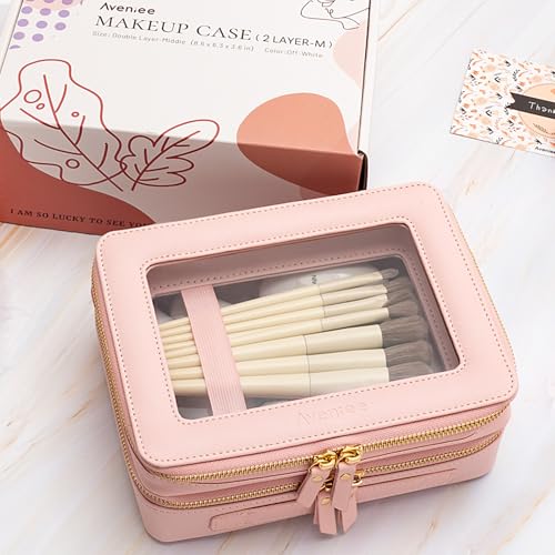 Aveniee XL Clear Makeup Organizer,Double Layer Travel Cosmetic Case with Brush Holder & Zippered Compartments, Large Toiletry Bag Train Case for Women.2 Layers, Pink - color: Pink, style: Dual Layer