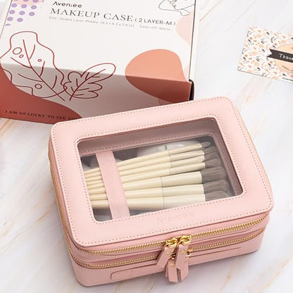 Aveniee XL Clear Makeup Organizer,Double Layer Travel Cosmetic Case with Brush Holder & Zippered Compartments,Big Toiletry Bag for Travel Accessories,2 Layers Large,Pink - color: Pink, style: Dual Layer Large