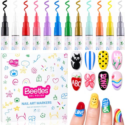 Beetles 12 Colors Nail Art Pens, 0.7MM Painting Nail Polish Pens Quick Air Drying Acrylic Paint Markers for Nails Art Design Dotting Liner Brush, DIY Home & Salon Manicure Tools - color: 0 -12 Colors Nail Polish Pens