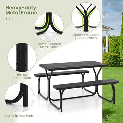S AFSTAR Picnic Table, 59” Plastic Picnic Table with Benches, Steel Frame & Wood-Like Texture Tabletop, Expanded Rectangular Camping Table Chair Set for Garden Patio Lawn Deck (Black) - color: Black