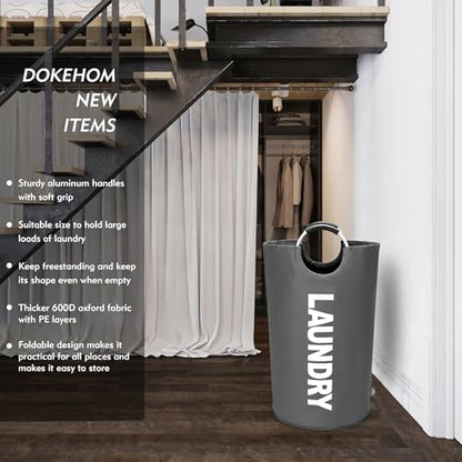 DOKEHOM 90L Large Laundry Basket, Collapsible Laundry Bag, Freestanding Tall Clothes Hamper, Foldable Washing Bin (Dark Grey) - color: Dark Grey, size: 90L