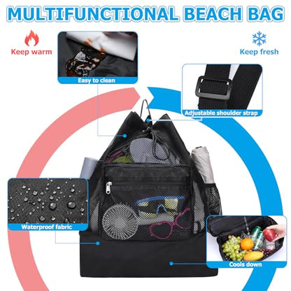 Mesh Beach Drawstring Backpack with Cooler Beach Bags Sandproof Swim Bags Leakproof with Zipper for Seaside Pool Travel - color: Black