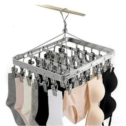 Pants Hanger Clothes Drying Racks Clip Hangers Metal with 36 Clips Windproof Hook Underwear Hanger Foldable Laundry Clip for Socks Bras (Silver) - color: Silver