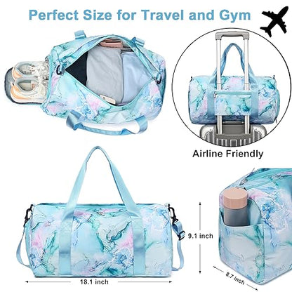 Gym Bag Sports Duffle Bag with Wet Pocket Weekender Overnight Bag with Waterproof Shoe Pouch and Air Hole for Girls Kids Women Travel Foldable Bag - color: Marble 74