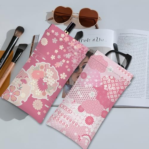 Eyeglasses Sunglasses Case PU Soft Squeeze Top Glasses Pouch for Women Men,Floral Pattern Portable Anti Scratch - color: Pink