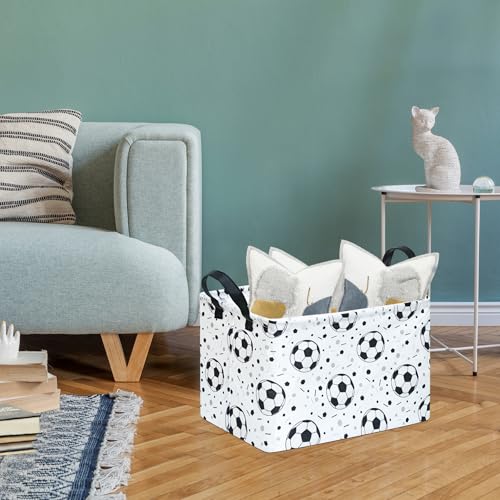 Kids Storage Basket with Soccer Print, 14.5" x 10.2" x 9.1", Waterproof with Leather Handles, Collapsible Rectangular Bin for Boys Sports Gear, Toys & Laundry - color: Black dot soccer
