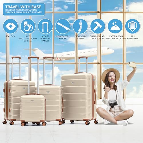 Flight Knight Luggage Set For Travel Expandable 4 Piece Large Checked Bags TSA Lock 360 Silent Double Spinner Wheels Hardside Suitcase With 24x16x10 Carry-On Max Bag Size Virgin, South West Airlines - color: Cream/Tan, size: 4 Piece Set (18/24/27/31")
