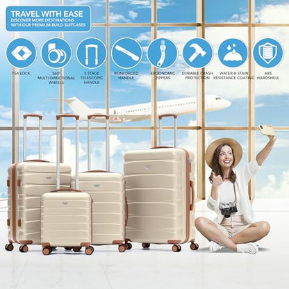 Flight Knight Luggage Set For Travel Expandable 4 Piece Large Checked Bags TSA Lock 360 Silent Double Spinner Wheels Hardside Suitcase With 24x16x10 Carry-On Max Bag Size Virgin, South West Airlines - color: Cream/Tan, size: 4 Piece Set (18/24/27/31")