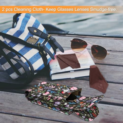 FINTIE Double Glasses Case with Carabiner Hook, Portable Vegan Leather Eyeglass Case Anti-scratch Sunglasses Pouch - color: Black Floral