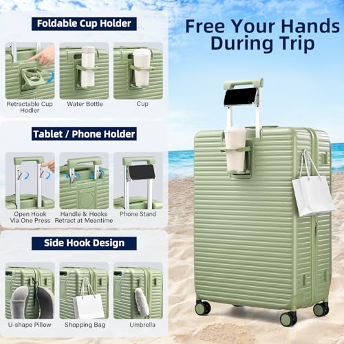HanTrip Hard Shell Expandable Luggage Sets 2 Piece with Spinner Wheels Cup Holder, Top Opening Lightweight Luggage Rolling Suitcase, Carry On And Checked Luggage Set 2 Piece (Bamboo Green, 20/28) - color: Bamboo Green, size: Expandable 2-Piece Set(20/28)
