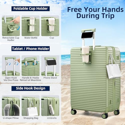 HanTrip Hard Shell Expandable Luggage Sets 2 Piece with Spinner Wheels Cup Holder, Top Opening Lightweight Luggage Rolling Suitcase, Carry On And Checked Luggage Set 2 Piece (Bamboo Green, 20/28) - color: Bamboo Green, size: Expandable 2-Piece Set(20/28)