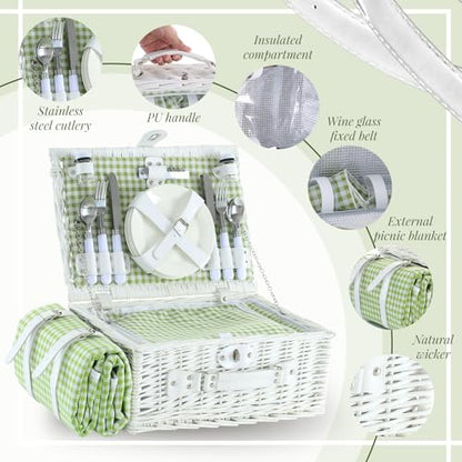 Picnic Basket Set for 4 with Waterproof Blanket Mat Insulation Bag Wicker White Green Plaid Classic Fresh Gift for Christmas Thanksgiving Wedding Birthday Camp Outdoor Beach Travel - color: Green Plaid