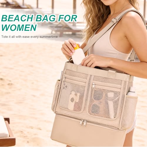 Beach Bags for Women, Large Beach Tote Bag Waterproof Mesh Swim Pool Bag with Cooler for Travel Vacation Essentials - color: Champagne