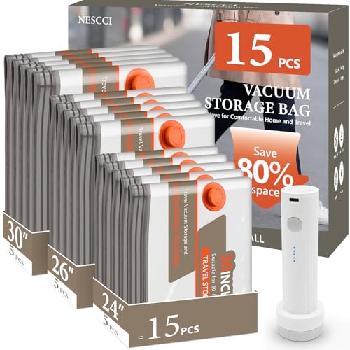 NESCCI Vacuum Bags for Travel with Rechargeable Air Pump,Carry-on Size Compression Packing Bags for Luggage and Suitcase,Space Saver for Clothes 15 Pcs Combo Travel Size - size: 15 Combo Size (Orange)