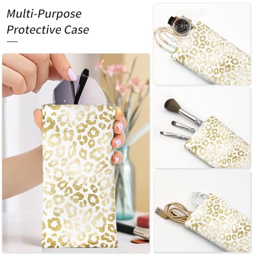 Glasses Case Soft, Eyeglass Cases for Women Portable Squeeze Top PU Leather 2 Pack Glasses Pouch with Cleaning Cloth - color: 2pcs Pink Leopard+gold Leopard