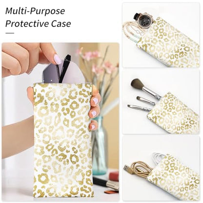 Glasses Case Soft, Eyeglass Cases for Women Portable Squeeze Top PU Leather 2 Pack Glasses Pouch with Cleaning Cloth - color: 2pcs Pink Leopard+gold Leopard