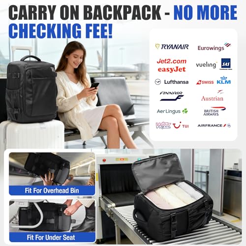 Travel Backpack for Women Men, Ryanair Backpack 40x30x20CM Airline Approved Personal Item Travel Bag, Carry On Backpack Fits 14 Inch Laptop, 180° Opening Weekender Bag for Flight Underseat, Black - color: Black
