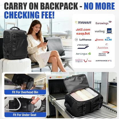 Travel Backpack for Women Men, Ryanair Backpack 40x30x20CM Airline Approved Personal Item Travel Bag, Carry On Backpack Fits 14 Inch Laptop, 180° Opening Weekender Bag for Flight Underseat, Black - color: Black